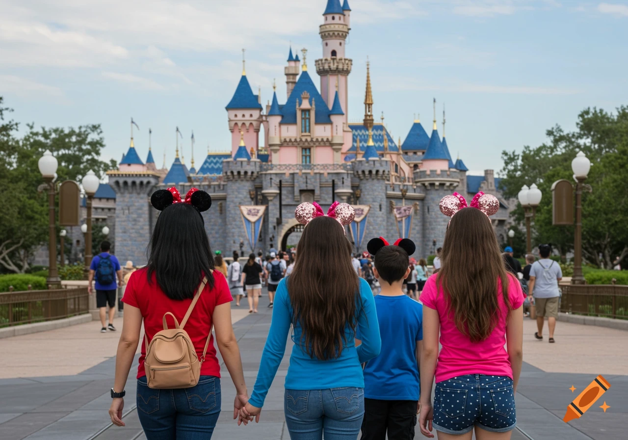 Backs of a family wearing character ears walking towards a castle at a theme park.