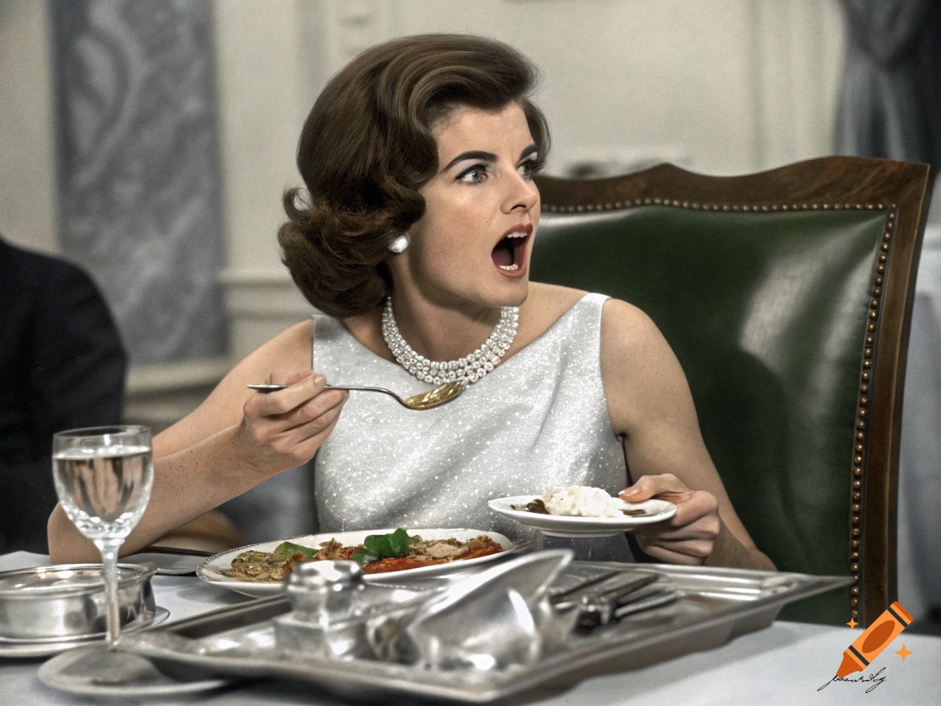 A woman with a surprised expression eats at a formal table.