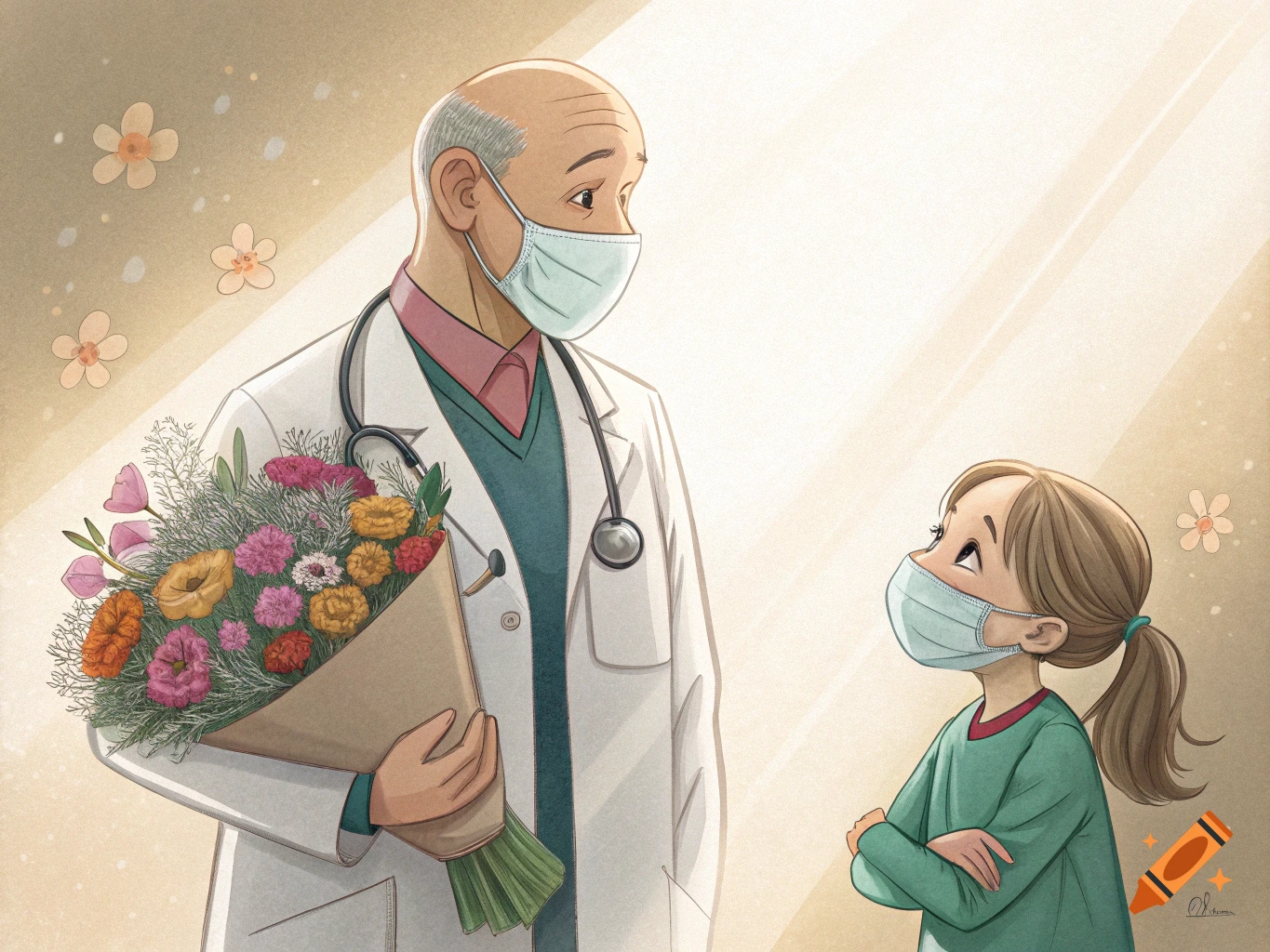 Illustration of a doctor in a mask holding flowers, looking at a young girl in a mask.