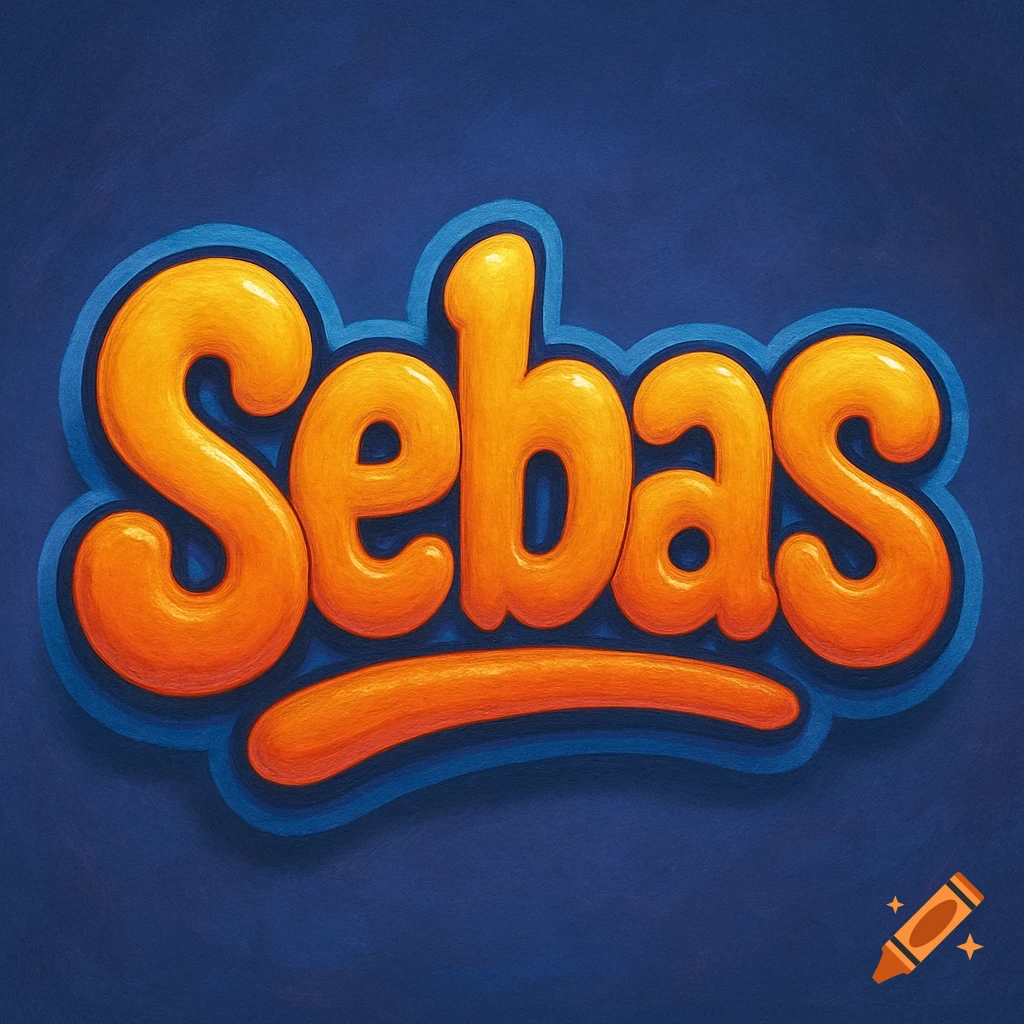 Orange bubble text spelling "Sebas" with a blue outline on a dark blue background.