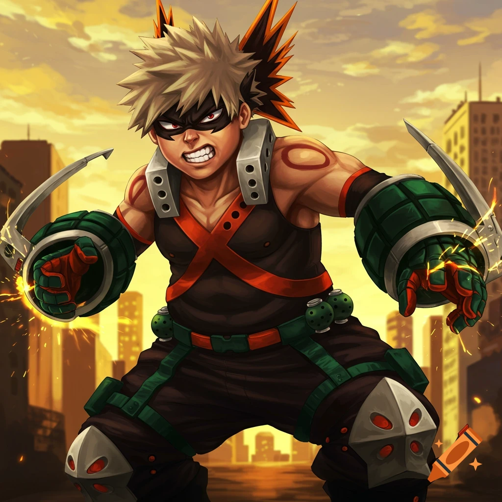 Anime illustration of Bakugo from My Hero Academia in costume.