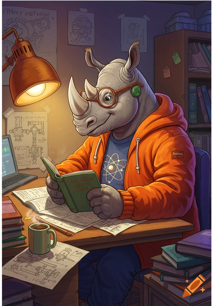 Cartoon illustration of a rhino college student wearing glasses and a hoodie, studying books at a desk.