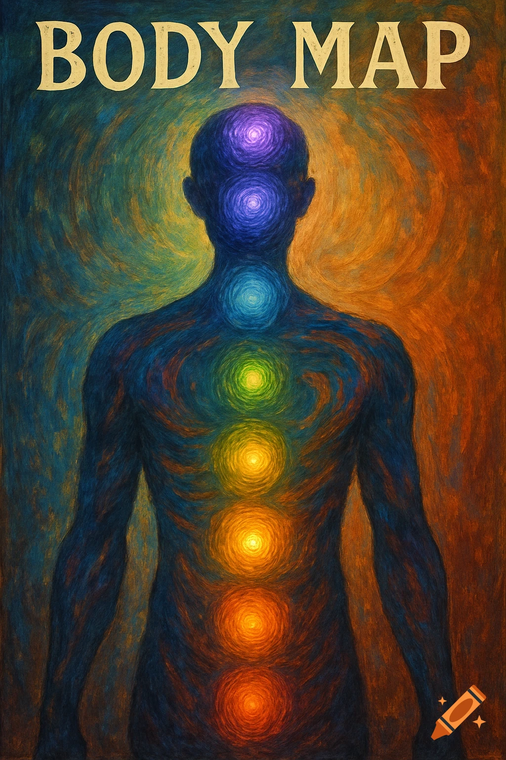 Abstract painting of a human silhouette from the back with colorful energy centers, titled 'BODY MAP'.