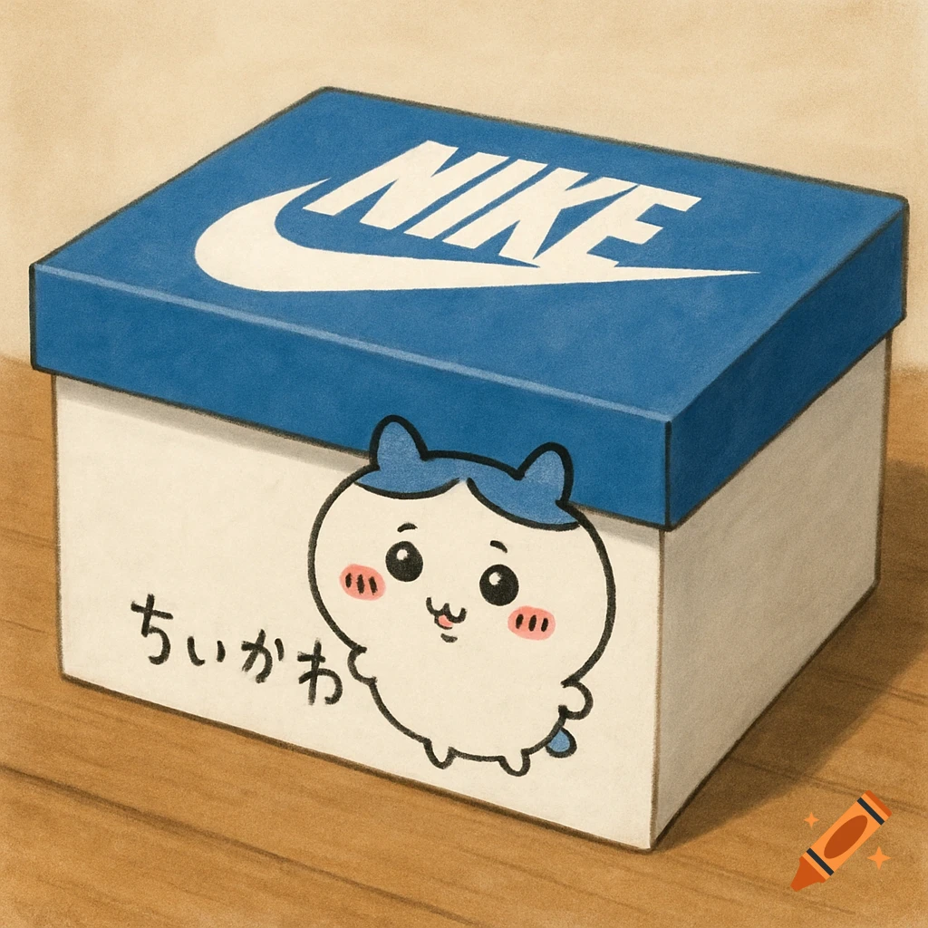 An illustration of the cartoon character Chiikawa peeking over a blue and white Nike shoe box with Japanese text on the side.