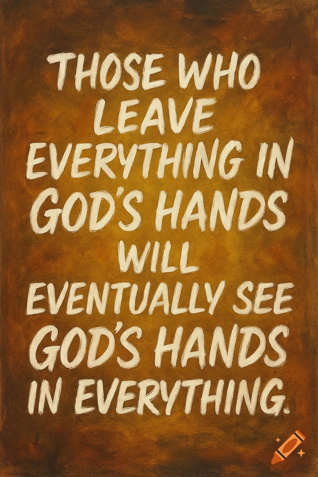 A poster with a quote in white brush script on a brown background.