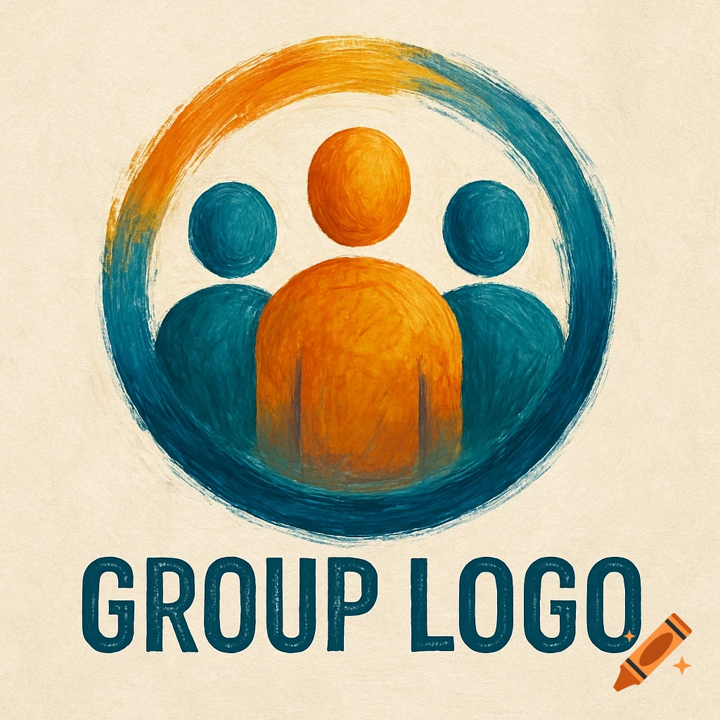 Abstract group logo with three figures in orange and blue brushstroke style, text says GROUP LOGO.