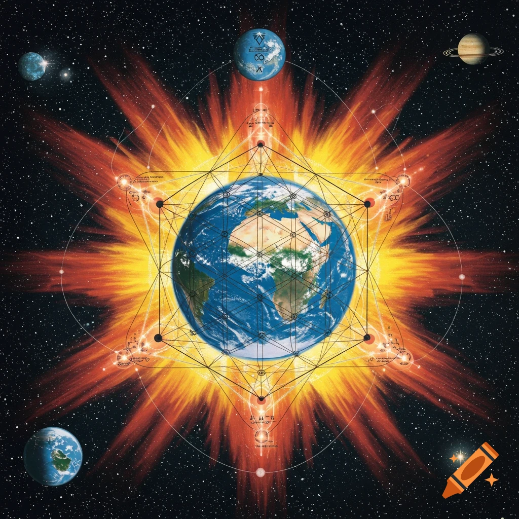 Earth inside a complex geometric pattern like Metatron's Cube, surrounded by light and planets in space.