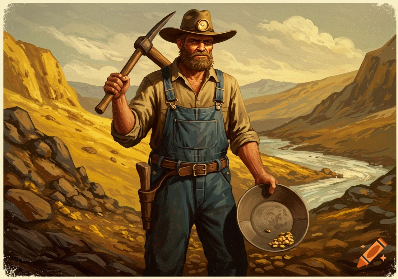 A gold miner holds a pickaxe and a pan filled with gold nuggets in a mountainous river valley.