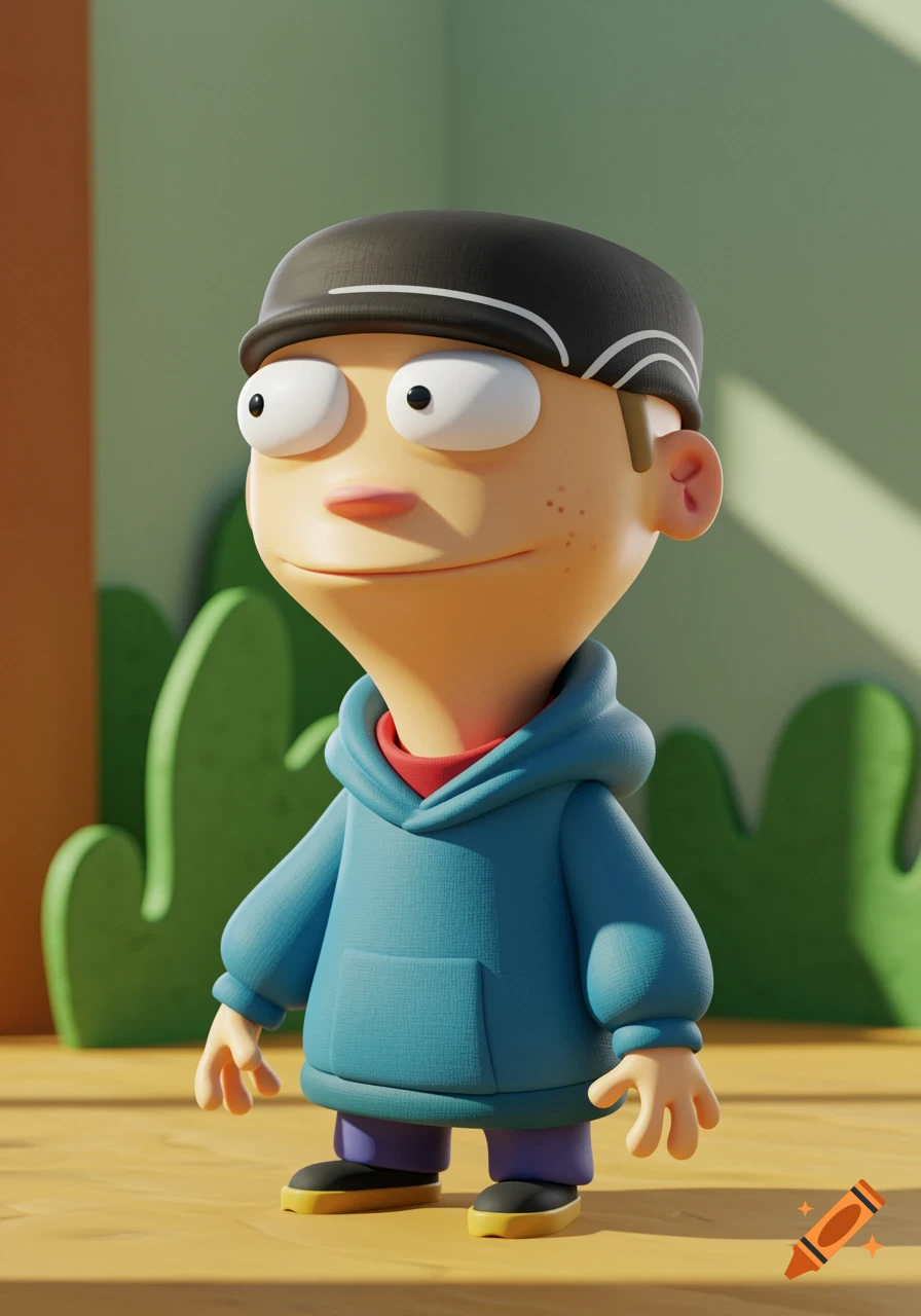 3D animated cartoon character in a blue hoodie and black cap