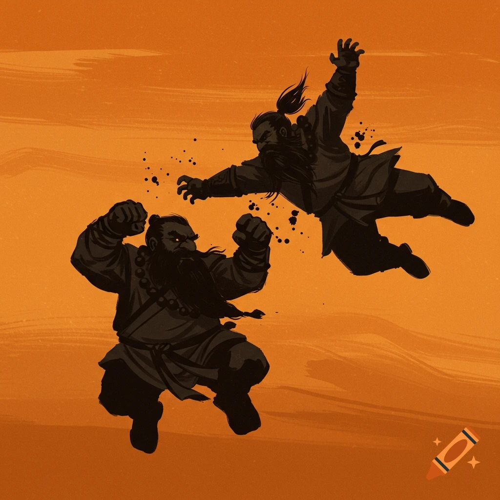 Two stylized dark fantasy figures fighting in the air against an orange background.