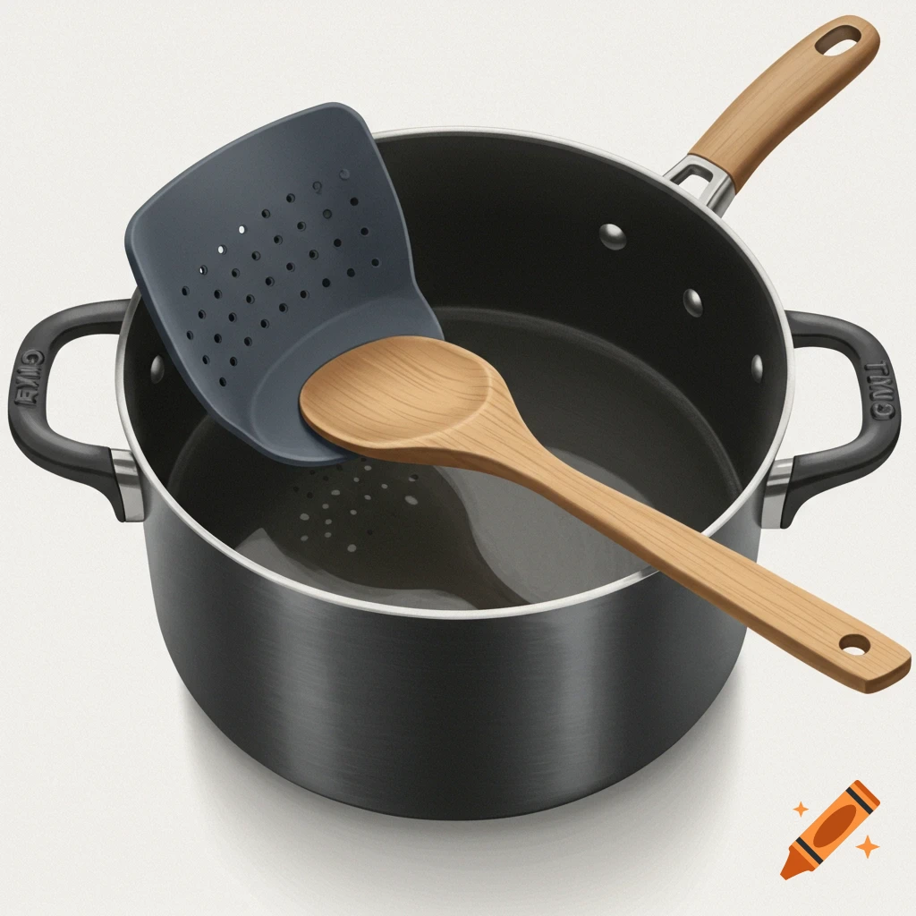 A black cooking pot with a wooden spoon inside and a grey silicone strainer leaning against the rim.