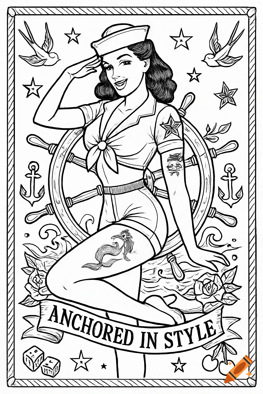 Black and white line art of a pinup girl in sailor outfit with nautical tattoos and elements, banner reads "Anchored in Style".