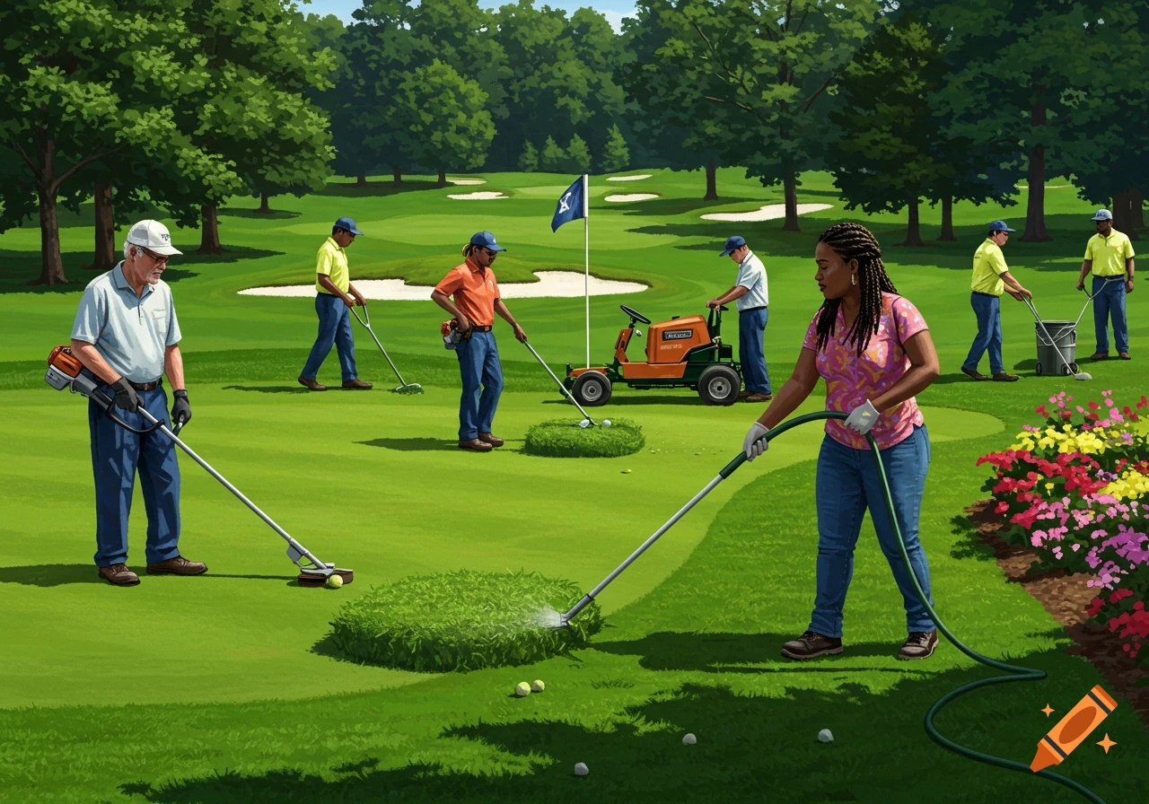 Illustration of several workers maintaining a golf course, watering the green and using equipment.