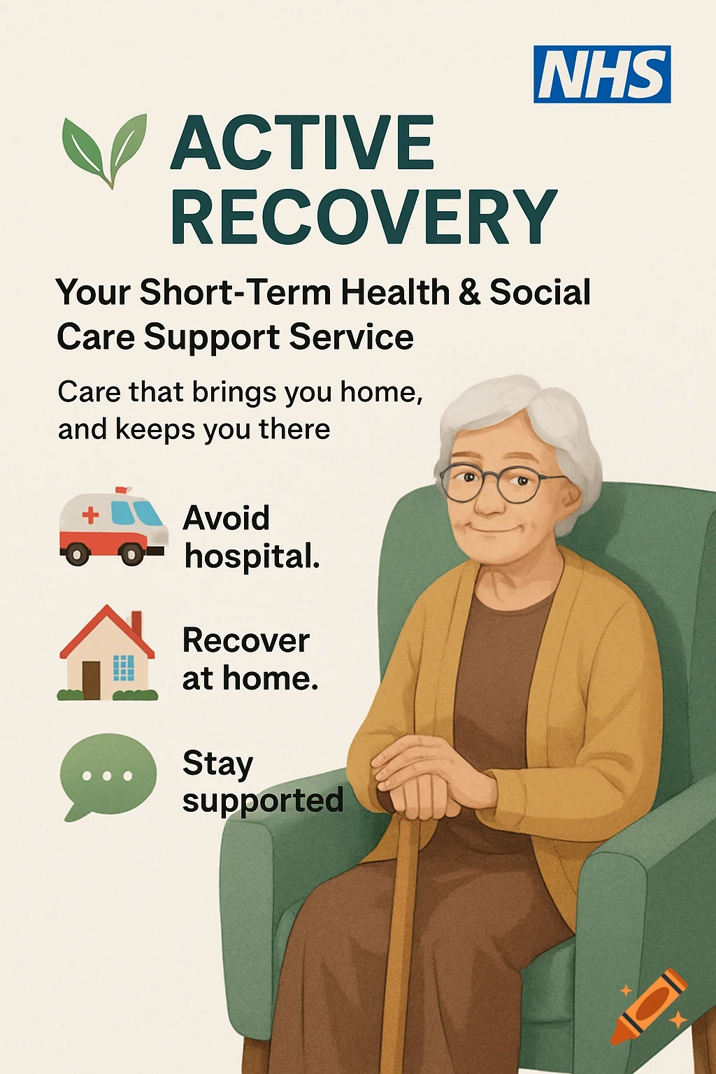 Poster for Active Recovery healthcare service featuring an elderly woman and icons.