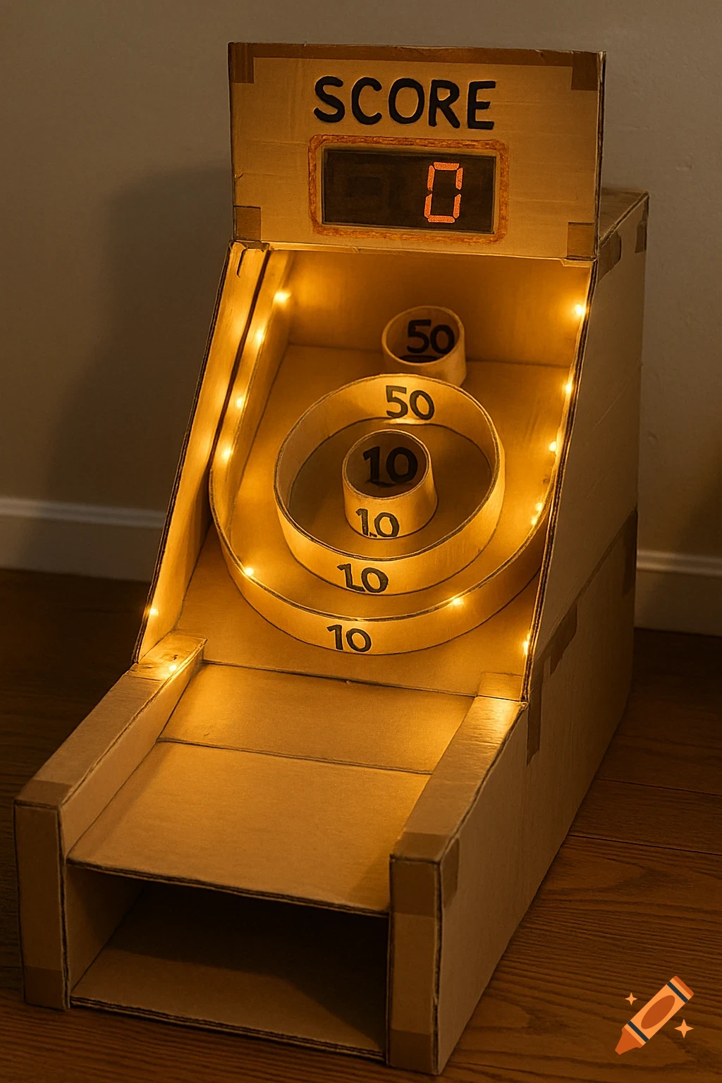 Cardboard skee ball machine with string lights and a scoreboard displaying 0.