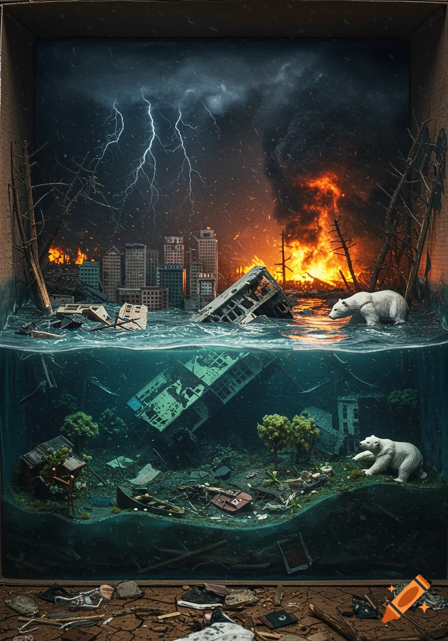 A shoebox diorama of a flooded, burning city with polar bears, depicting climate change.