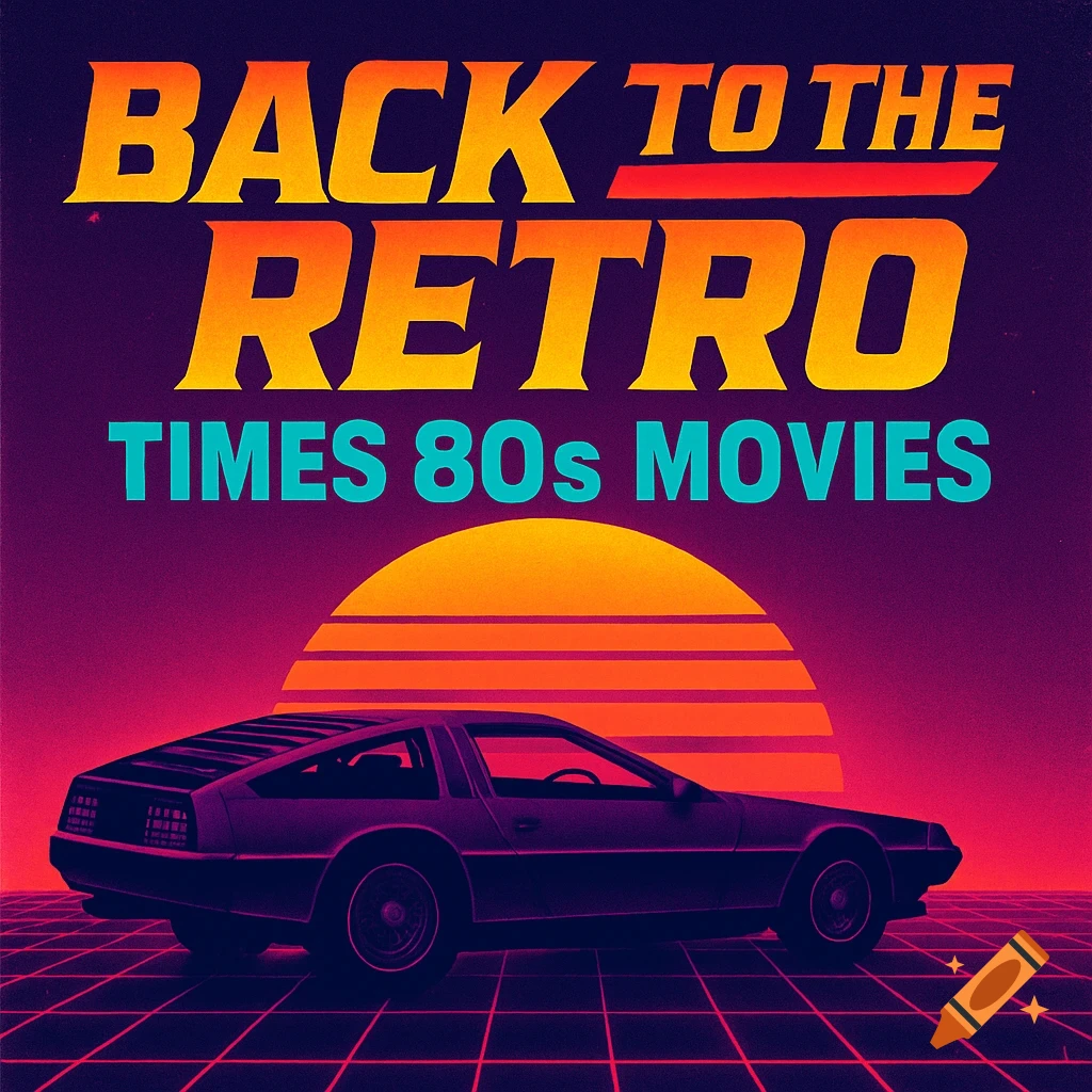 80s retro poster with a DeLorean car, grid horizon, sun, and text "BACK TO THE RETRO TIMES 80s MOVIES".
