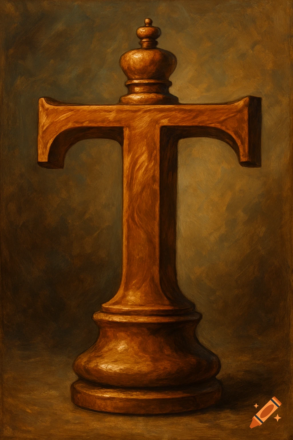 A letter T shaped like a wooden chess king piece, oil painting style.