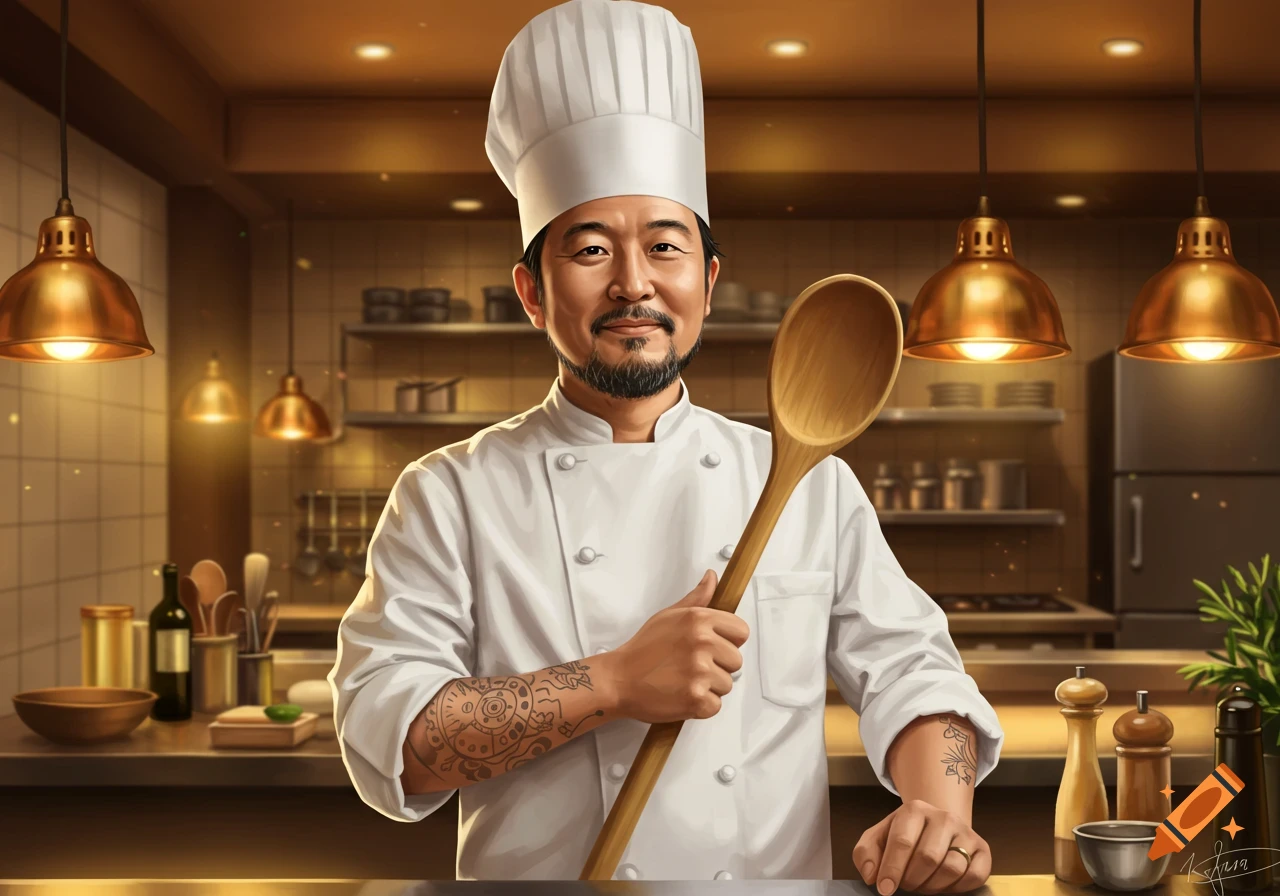 Portrait of an Asian chef in a kitchen holding a wooden spoon, realistic style.