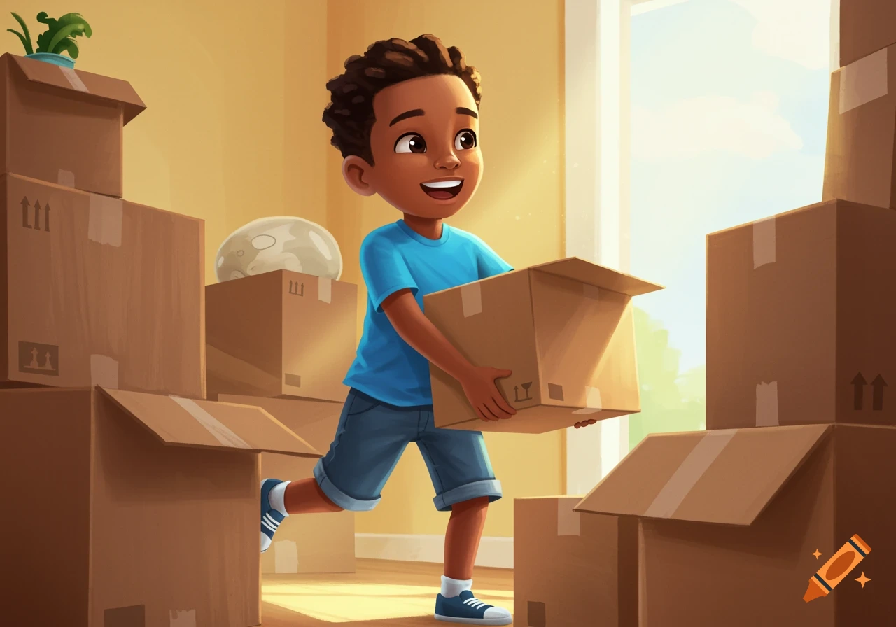 Cartoon illustration of a smiling young Black boy holding a cardboard box, surrounded by stacks of moving boxes in a sunny room.