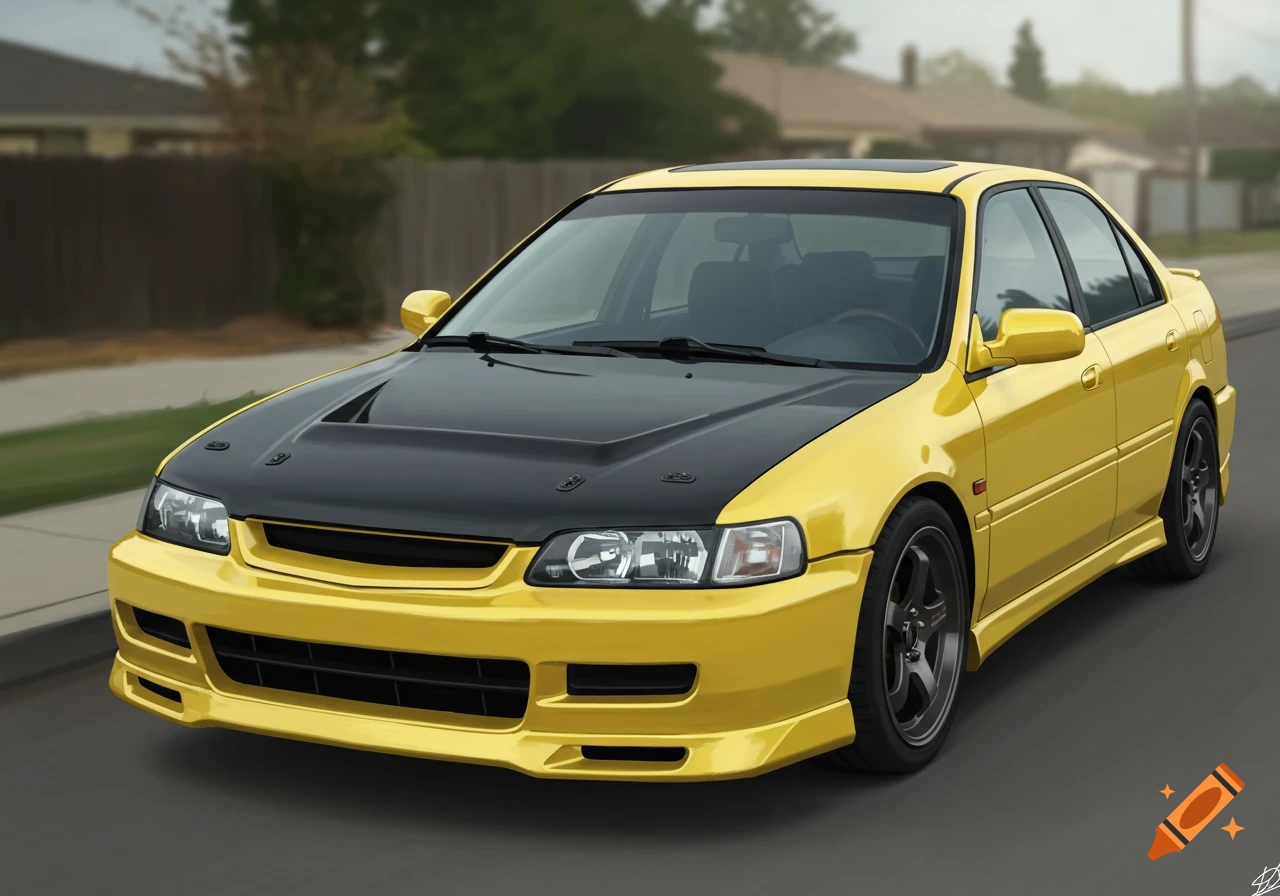 A yellow Honda Accord with a black hood on a street.