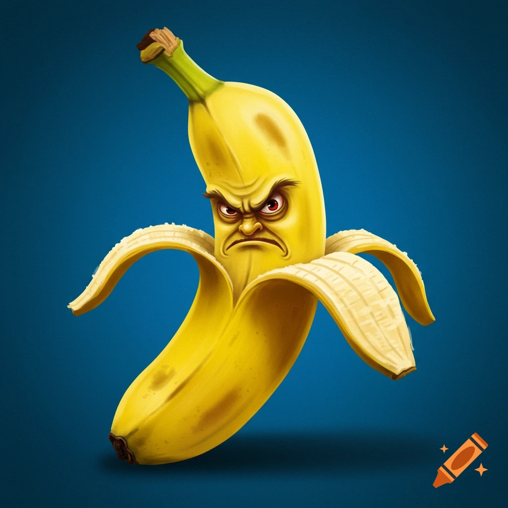 A peeled banana with an angry face on a blue background.