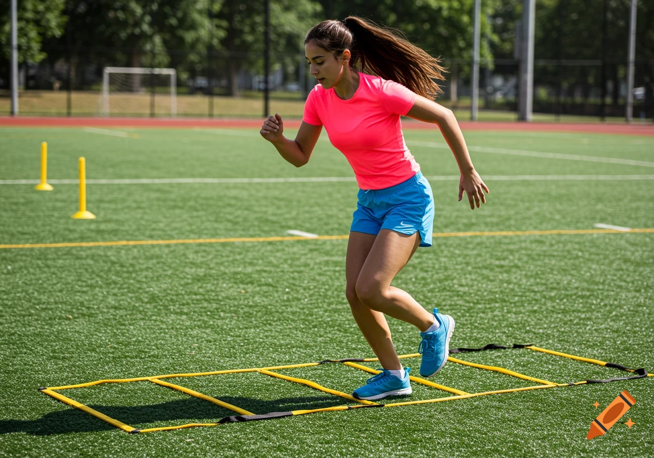 Young woman doing agility ladder drills on a sports field.