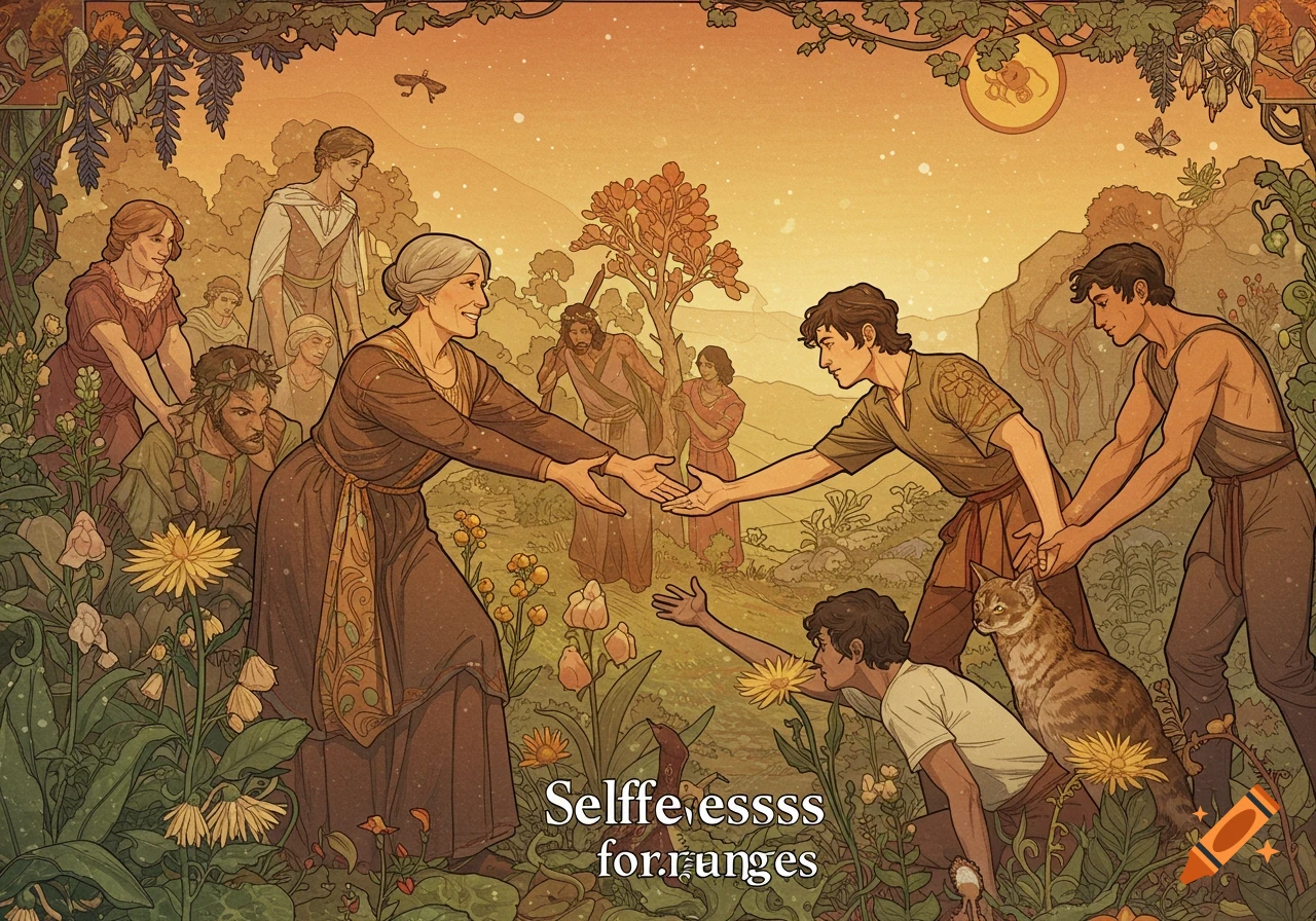 Illustrative scene of people, a cat, and flowers in a field at sunset