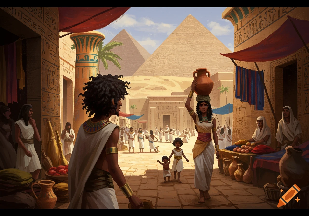 Ancient Egyptian market scene with people, stalls, columns with hieroglyphs, and pyramids in background, painted style.