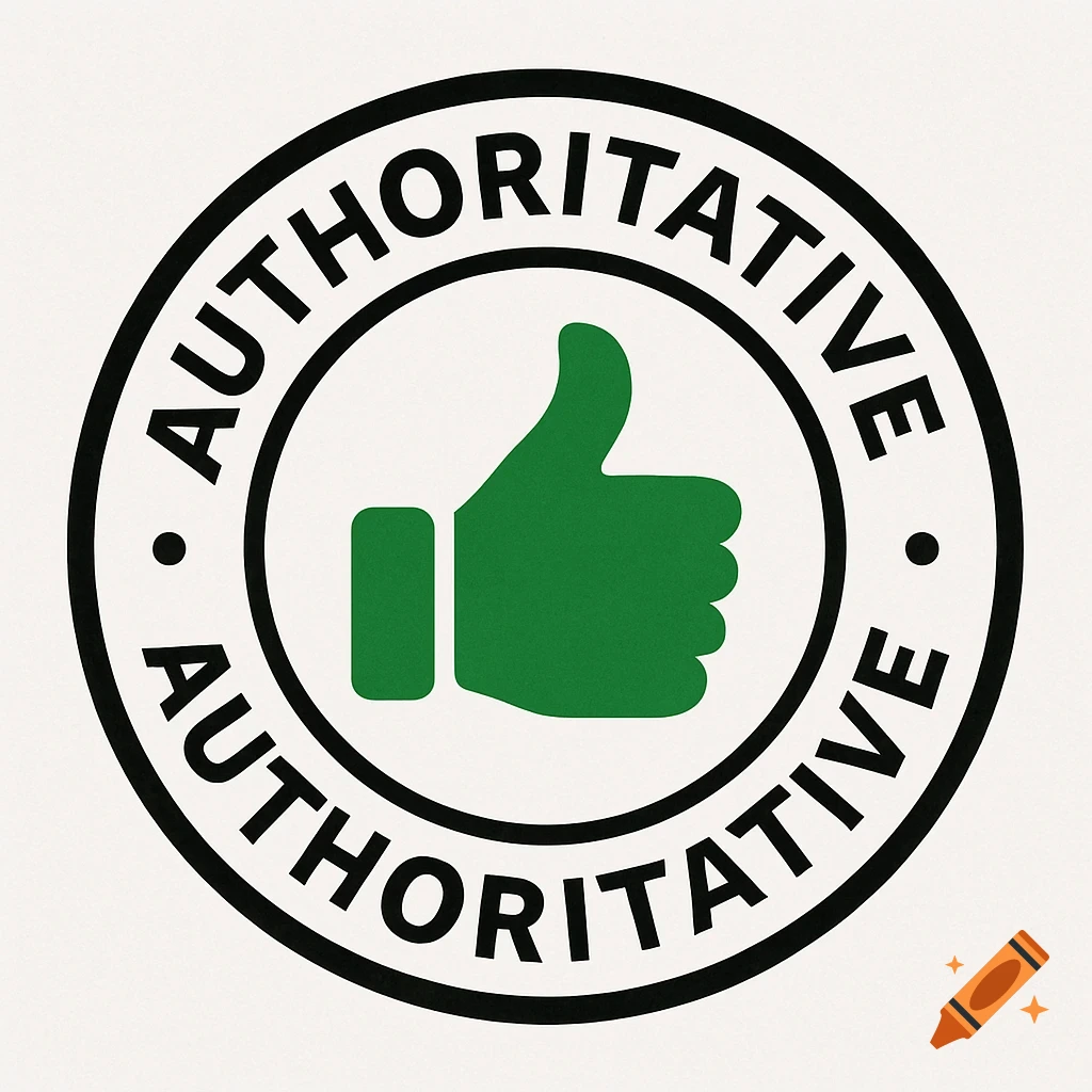 A round badge with the word AUTHORITATIVE around the rim and a green thumbs-up in the center.