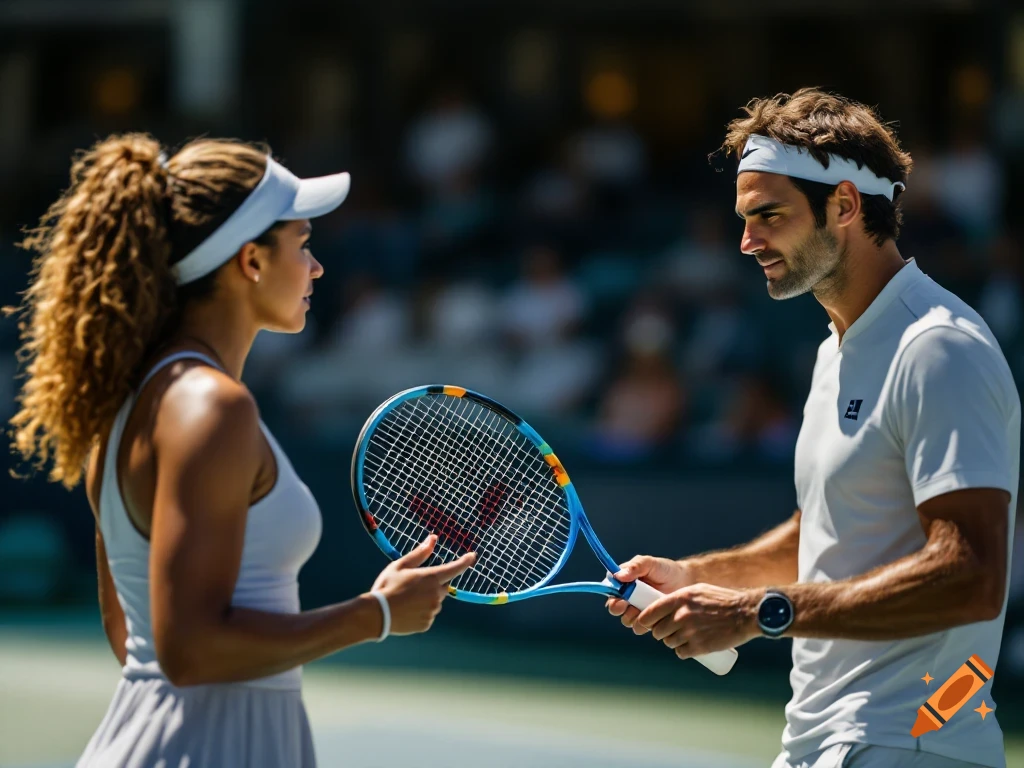 Two tennis players, a man and a woman, stand on a sunny court with rackets.