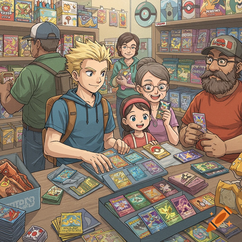 People sorting and looking at trading cards in a shop, anime style.