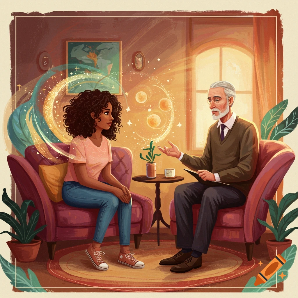 Illustration of a person talking to a therapist, with symbolic light and shapes around them.