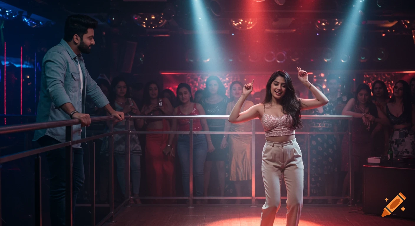 A woman dances under a spotlight in a crowded club while a man watches from an upper level railing.