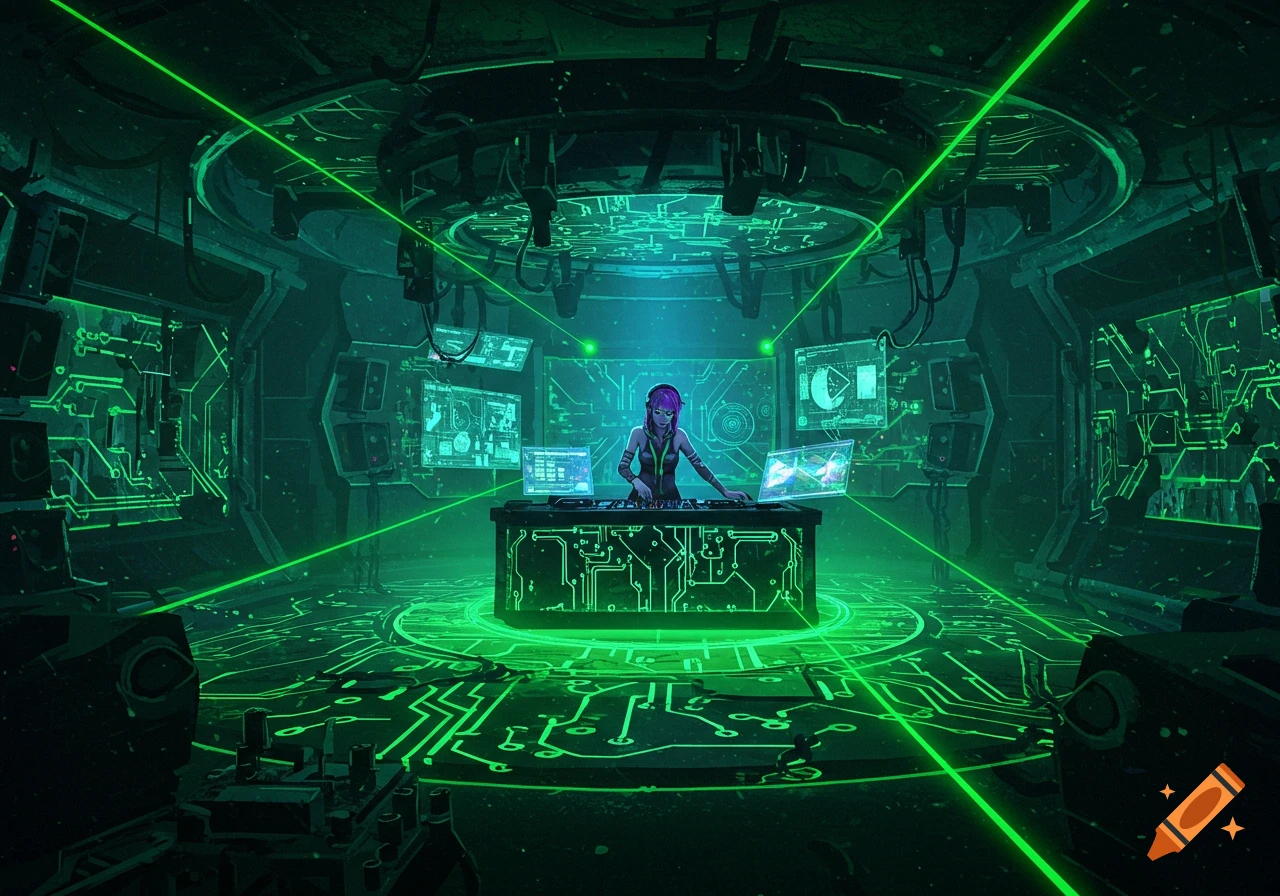 A futuristic cyber room with green circuit board patterns and lasers, featuring a DJ at a deck.