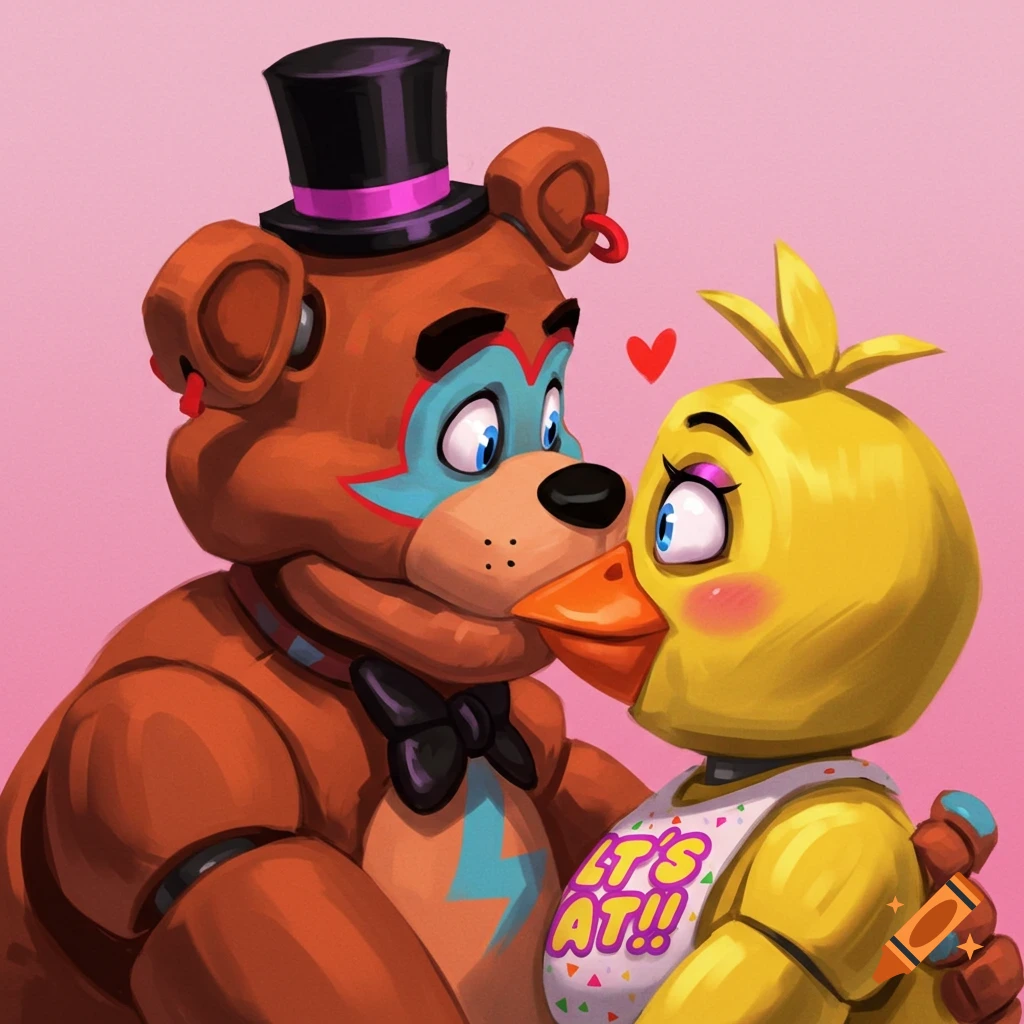 Illustration of Freddy Fazbear and Chica animatronics from FNAF kissing.