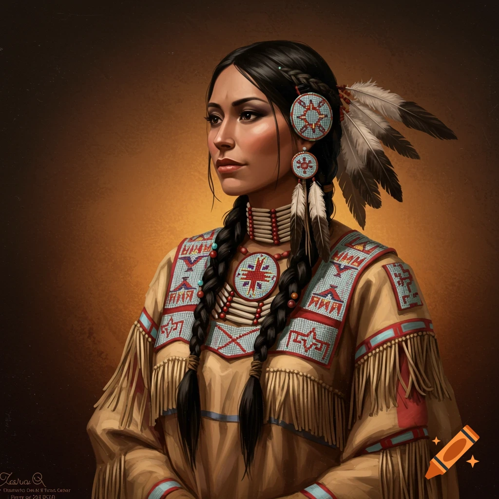 Portrait of a woman in traditional Native American attire with braids, feathers, and beaded jewelry.