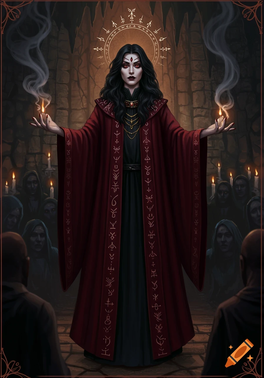 A woman in a red robe holding flaming candles stands before a shadowy cult crowd in a dark, ancient setting.