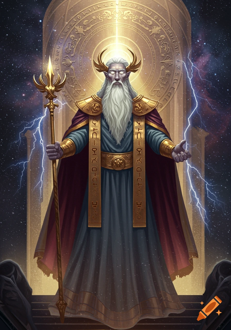 A powerful fantasy figure with a beard and horns stands before a cosmic background, holding a staff and surrounded by lightning. Realistic epic fantasy style.