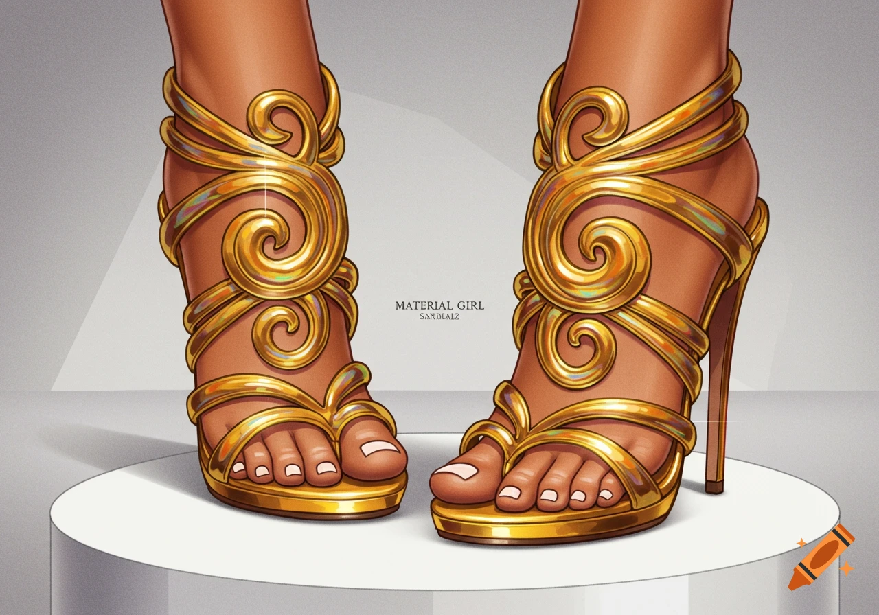 Detailed illustration of feet in elaborate gold high-heeled sandals with swirling designs.
