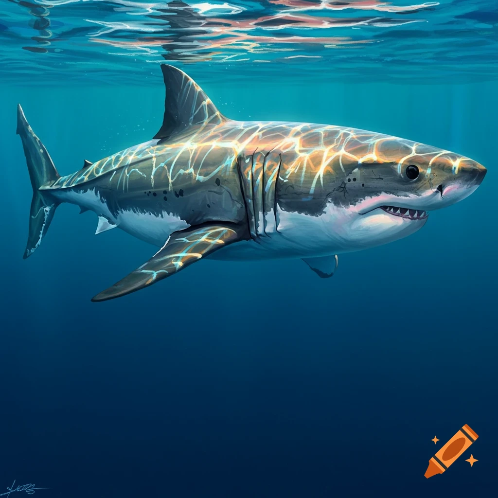 Illustration of a great white shark swimming underwater with ripple light patterns on its back.