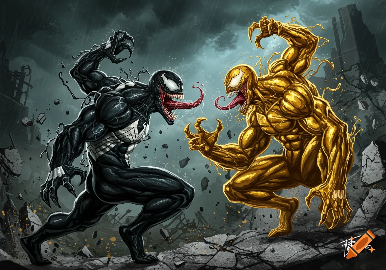 Venom battles a gold version of himself in a ruined city under a stormy sky, comic book style.
