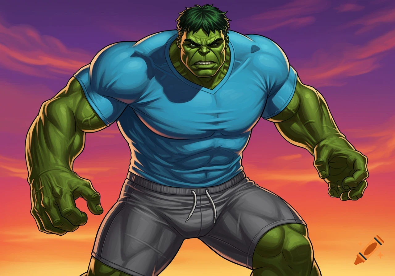 Hulk in blue shirt and grey shorts against a vibrant sunset sky illustration.