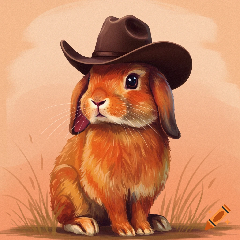 Illustration of a brown rabbit wearing a cowboy hat sitting in grass.