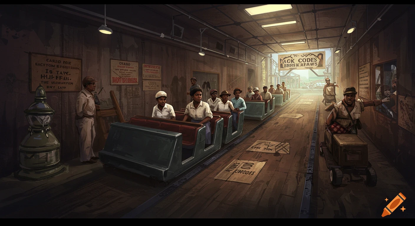 A theme park ride depicts scenes of Black Codes and segregation with people riding in carts past signs.