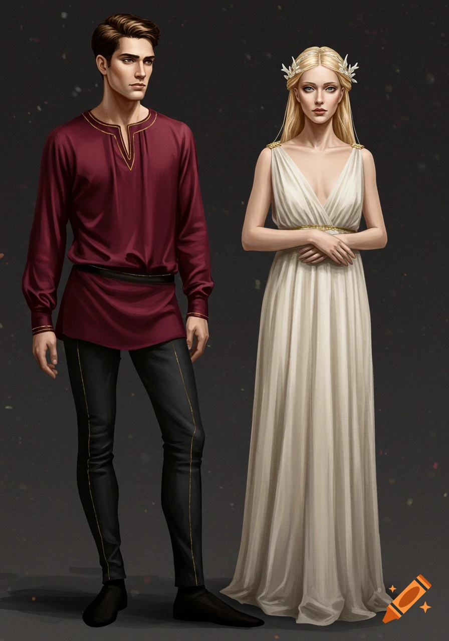 A man in a red tunic and black pants stands beside a woman in a white flowing dress.