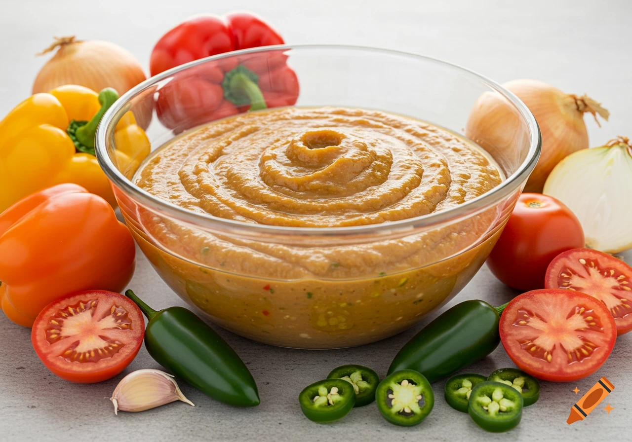 A bowl of blended mixture, likely salsa or sauce, surrounded by fresh ingredients including bell peppers, onions, tomatoes, and jalapeños.