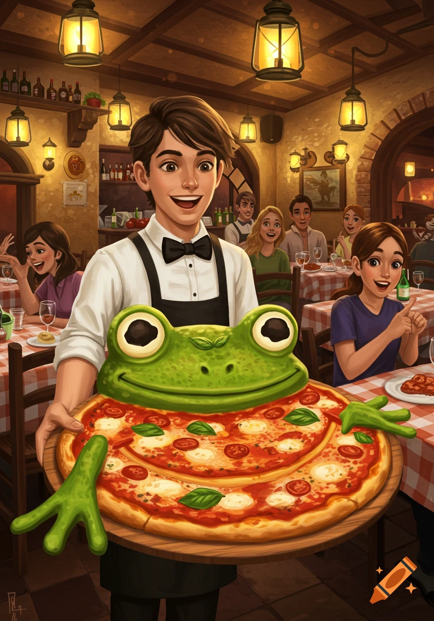 Server holds a cartoonish frog-shaped pizza in an Italian restaurant with seated diners.