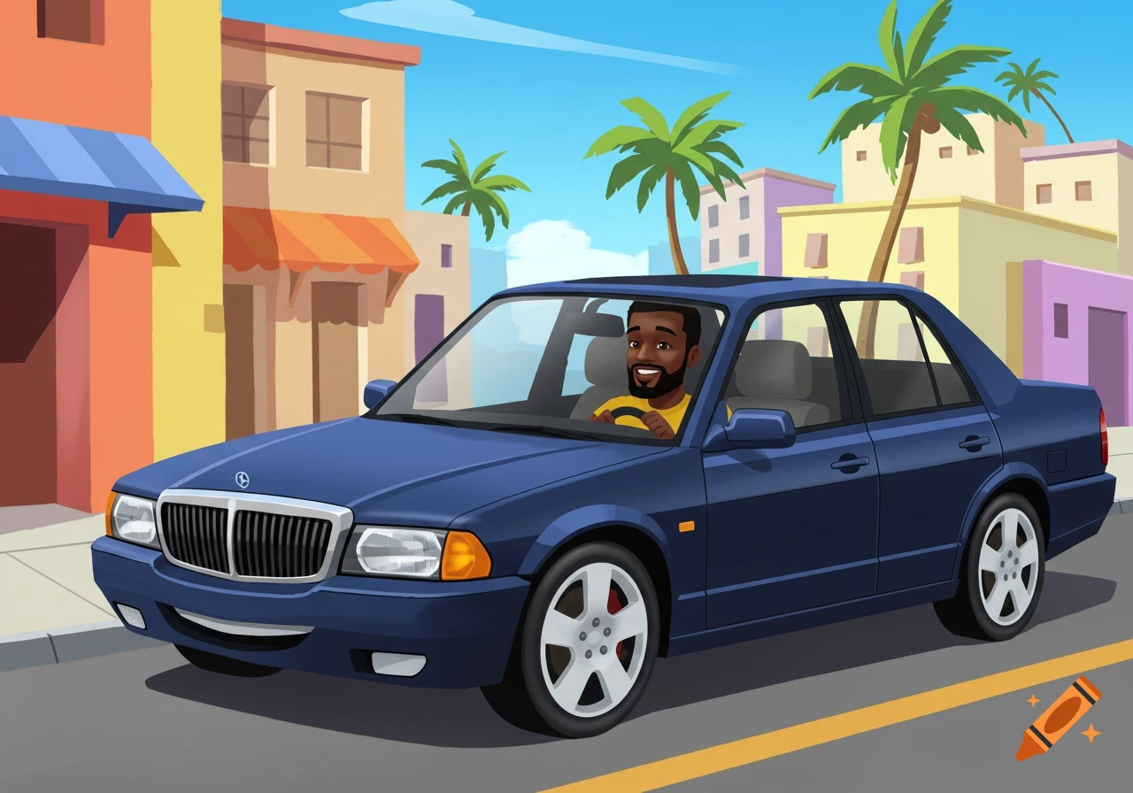 Cartoony view of a man driving a blue car on a street with buildings and palm trees.