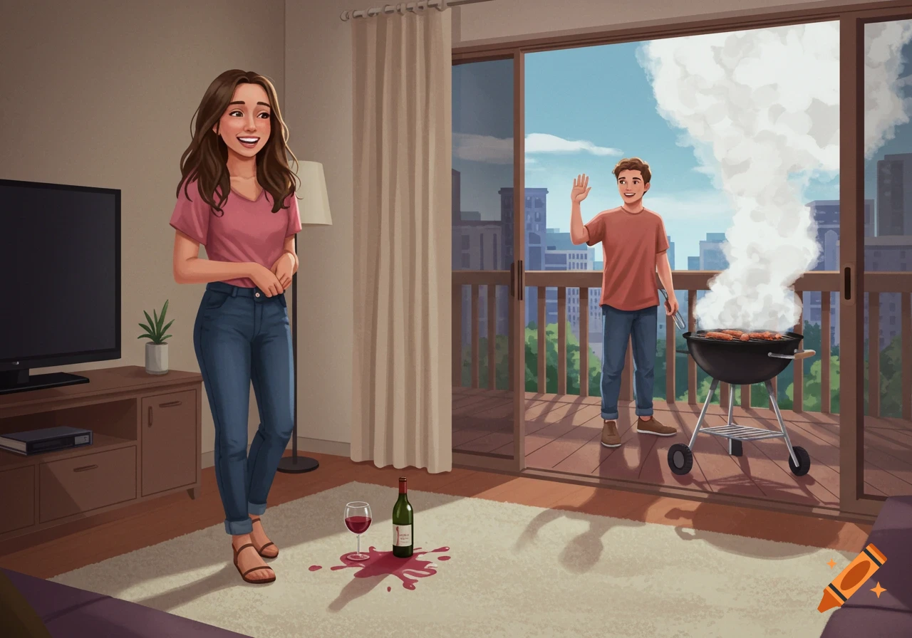 Illustration of woman inside apartment looking at man barbecuing on balcony. Spilled wine is on the carpet.